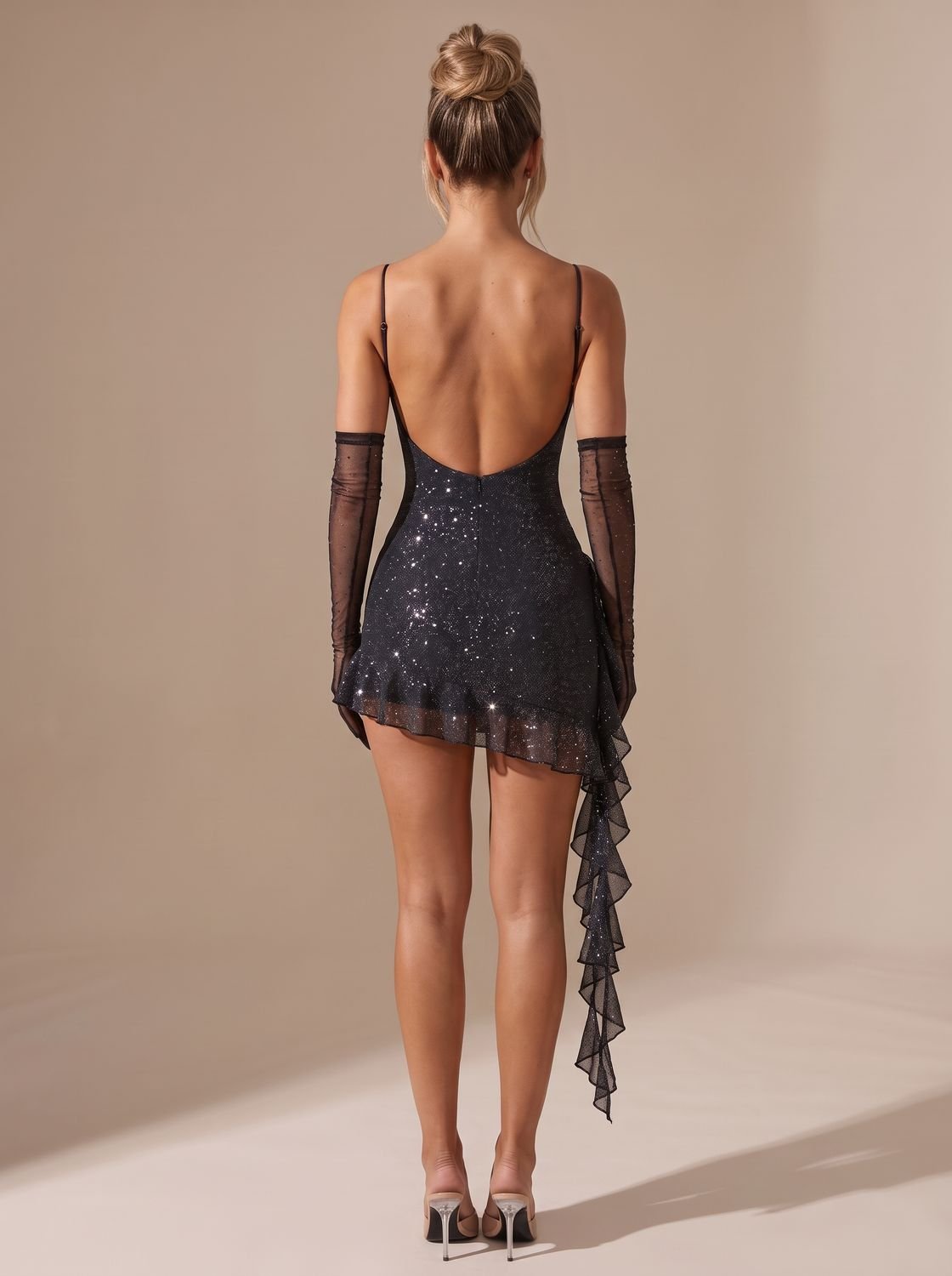 Women's Sparkly Black Sequin Ruffle Christmas Party Mini Dress