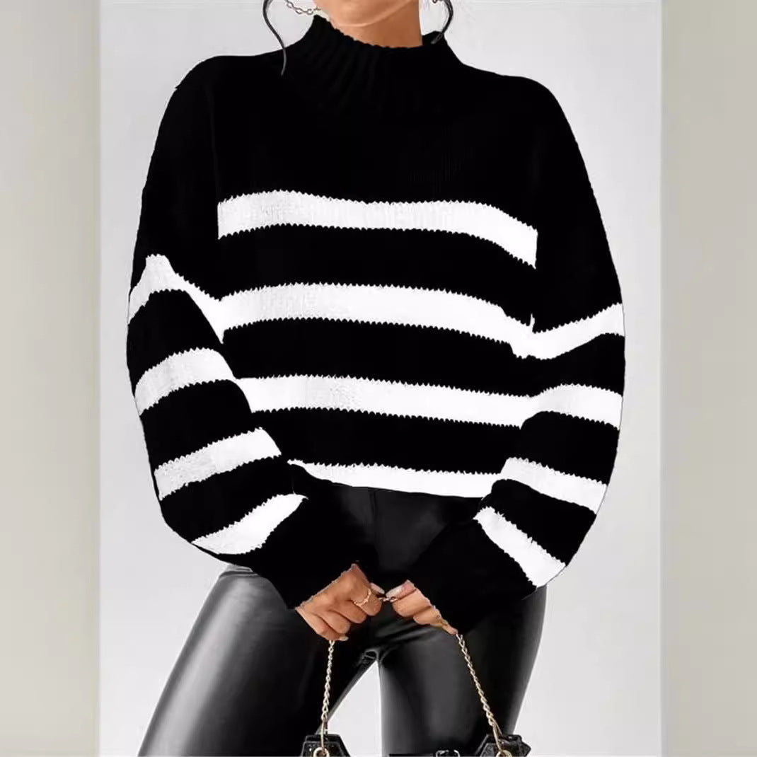 Women's Striped Sweater with Ribbed Collar