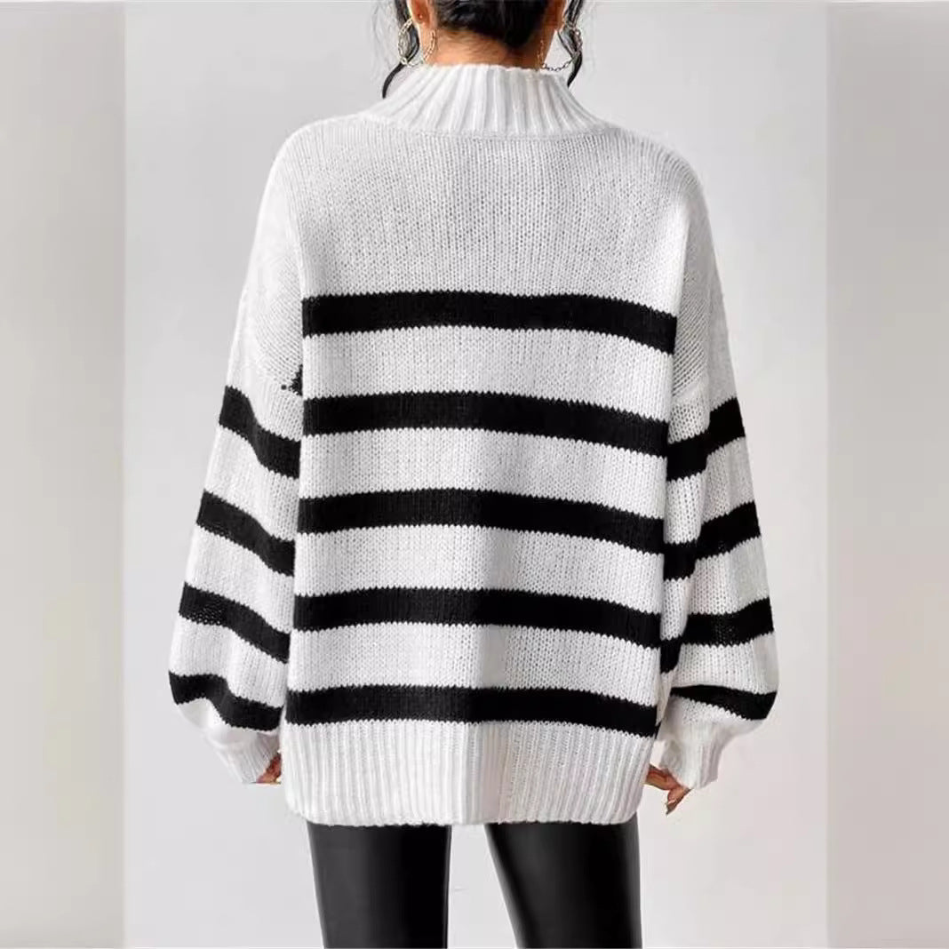 Women's Striped Sweater with Ribbed Collar