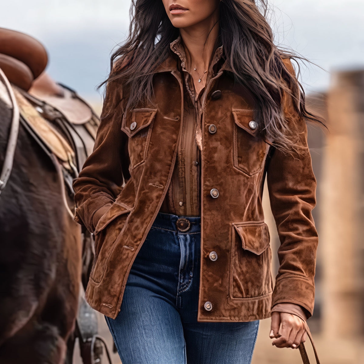 Women's Suede Longline Zip Snap-Button Tailored Coat