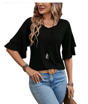 Women's Summer V-Neck Top with Flare Sleeves