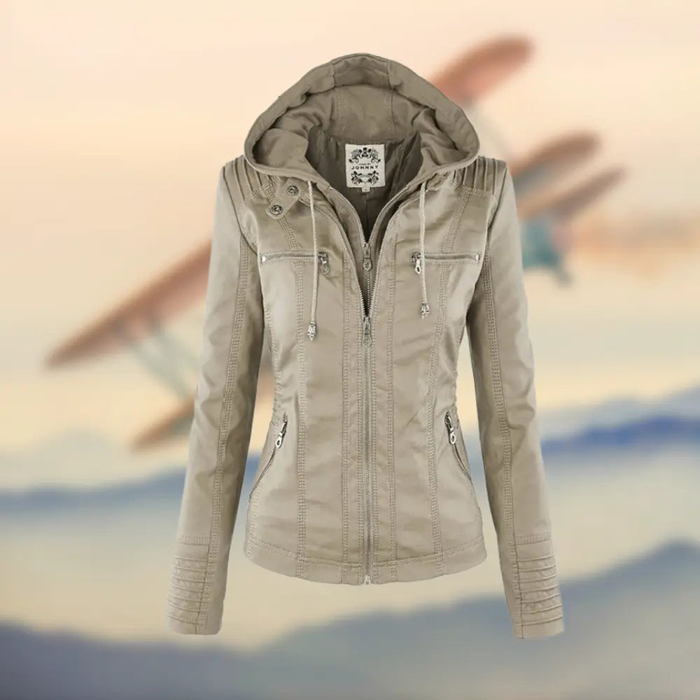 Women's Tan Leather Jacket with Hood and Long Sleeves