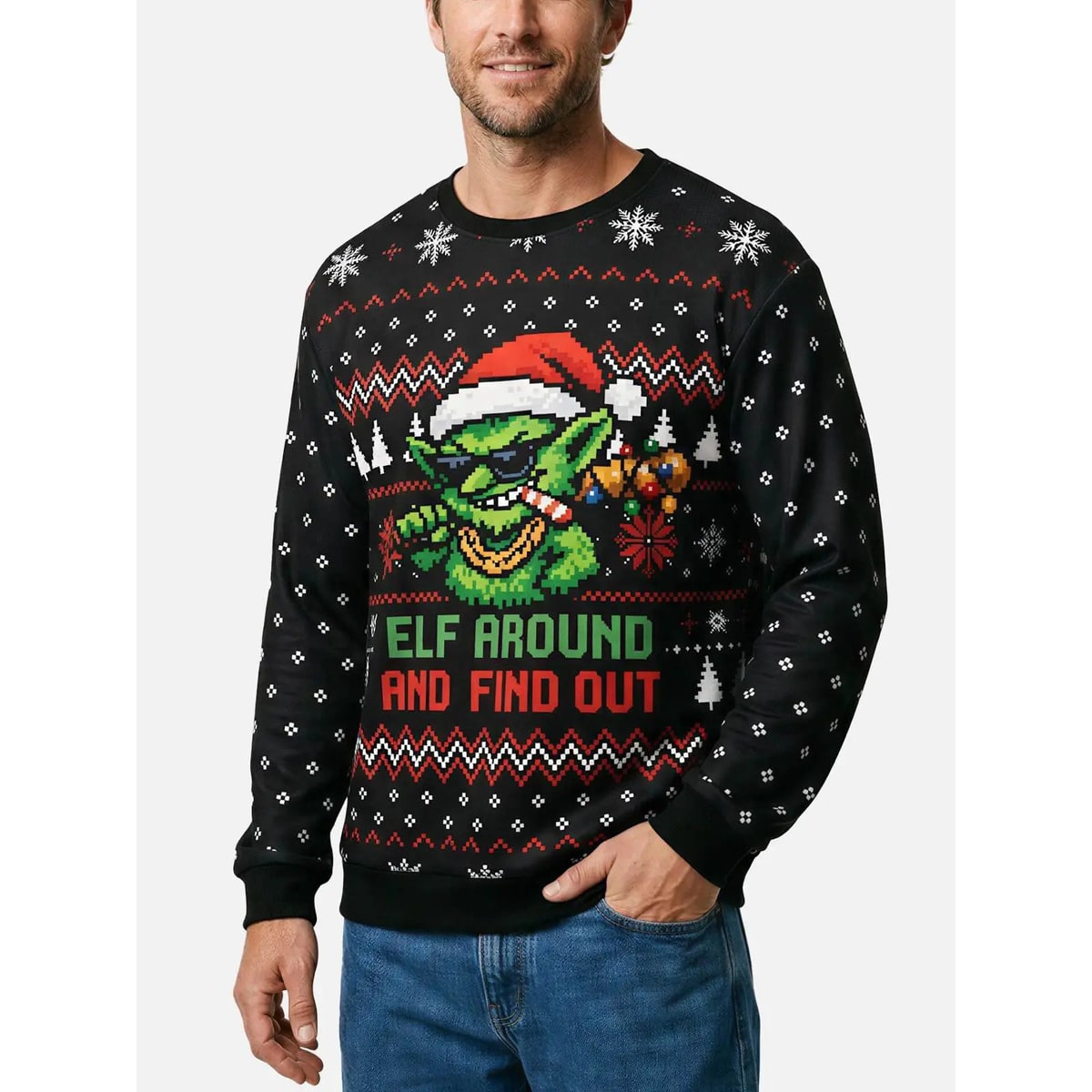 Women's Ugly Christmas Sweater Funny Crew Neck with Fair Isle and Goblin Graphic