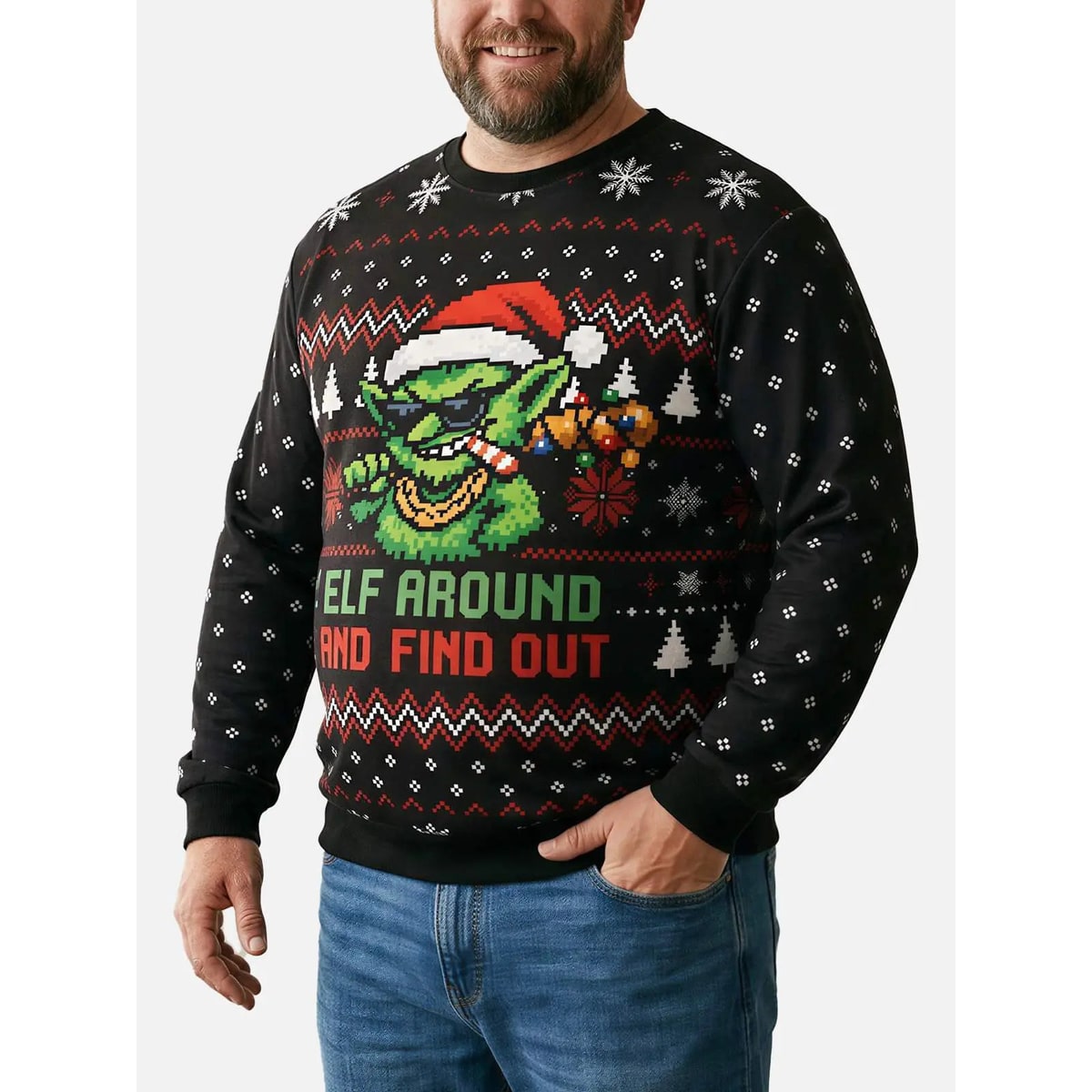 Women's Ugly Christmas Sweater Funny Crew Neck with Fair Isle and Goblin Graphic