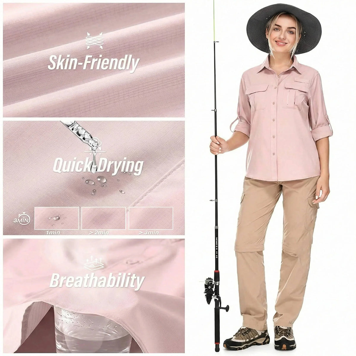 Women's UPF 50 Hiking and Safari Shirt with Roll-Up Sleeves and Zippered Pockets