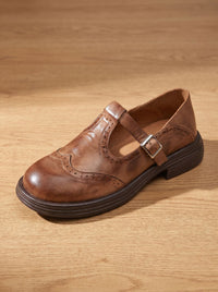 Women's Vintage Brogue T-Strap Buckle Mary Jane Flats