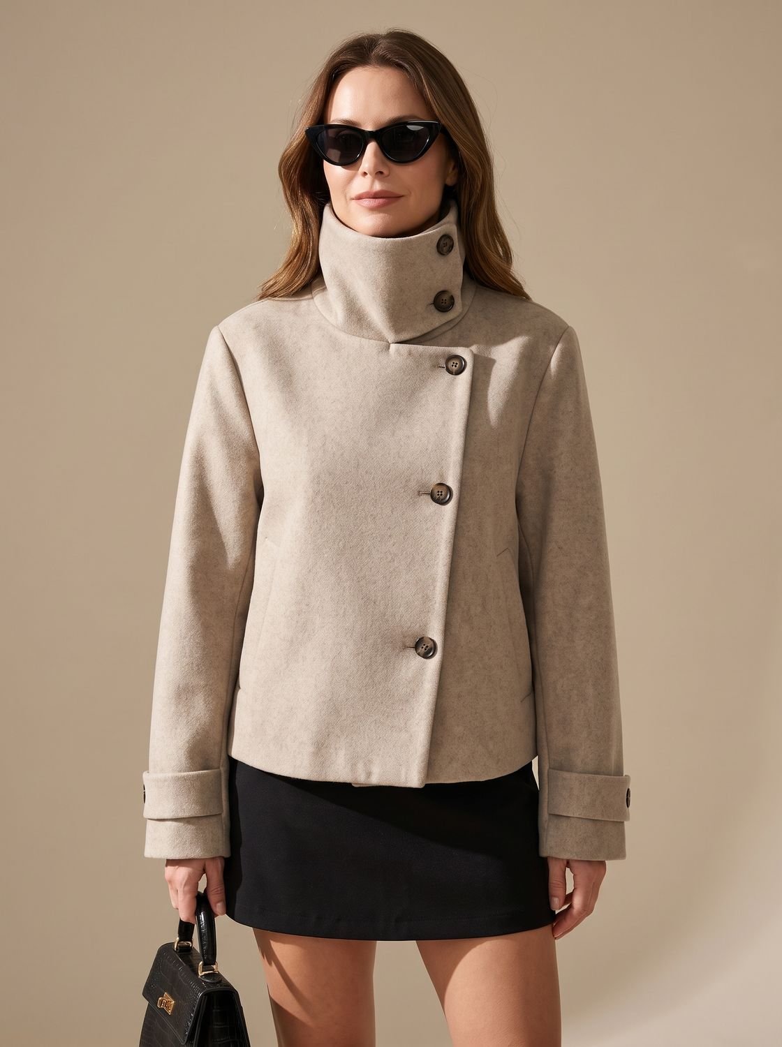 Women's Vintage Stand-Collar Wool-Blend Short Coat