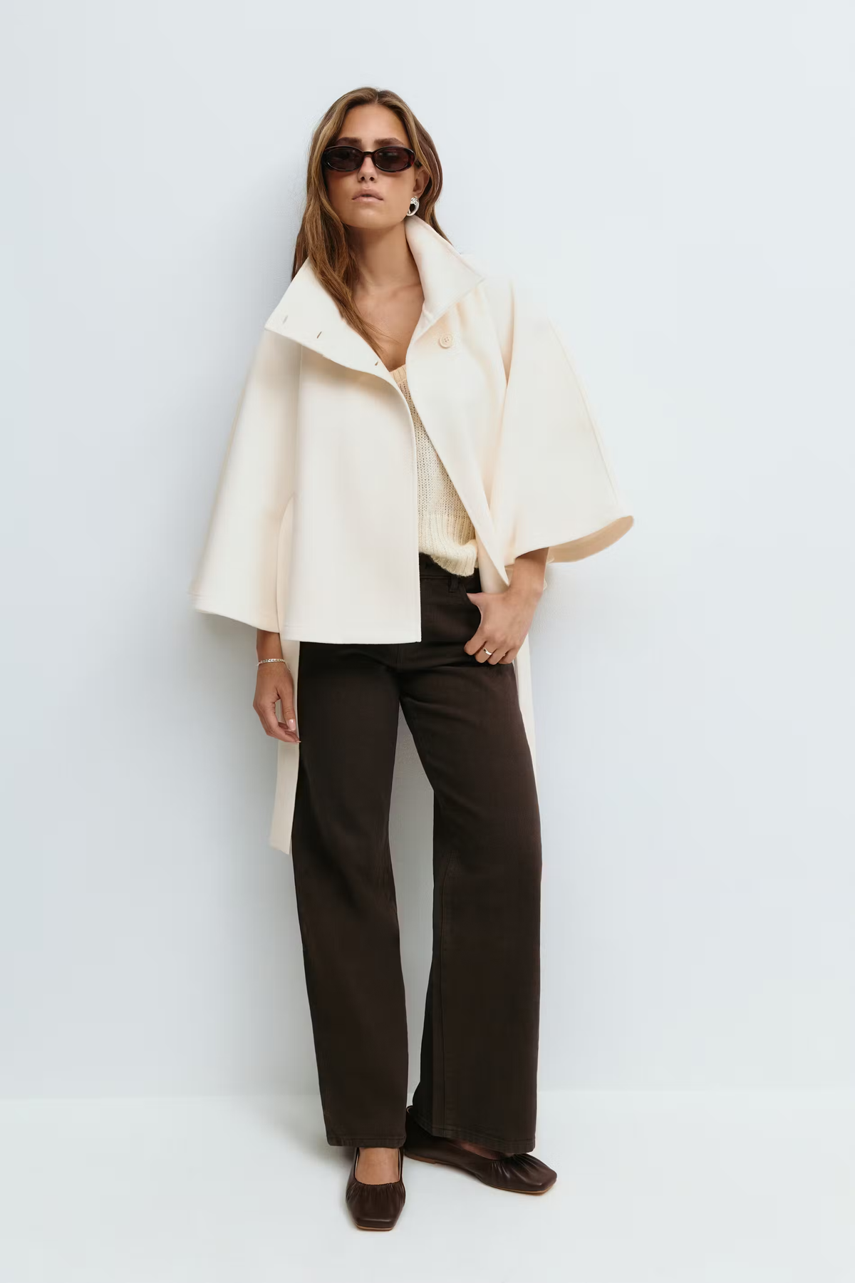 Women's Wool-Blend Cape Coat | High Collar & Tie Belt | Regular Fit Buttoned Coat for Autumn & Winter