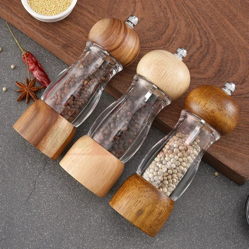 Wood and Glass Salt and Pepper Grinder Set – Stylish Spice Grinders for the Kitchen
