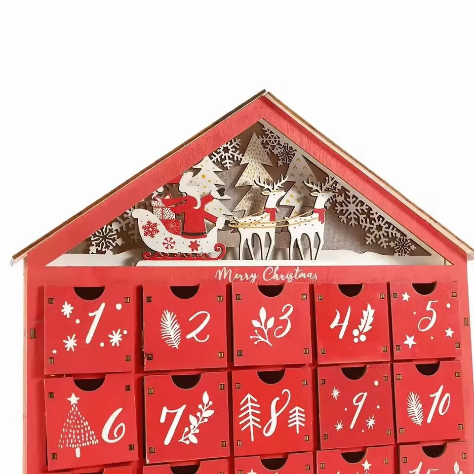 Wooden Advent Calendar with 24 Storage Drawers – DIY Refillable Light-Up Christmas Countdown, 30 x 6.3 x 39 cm
