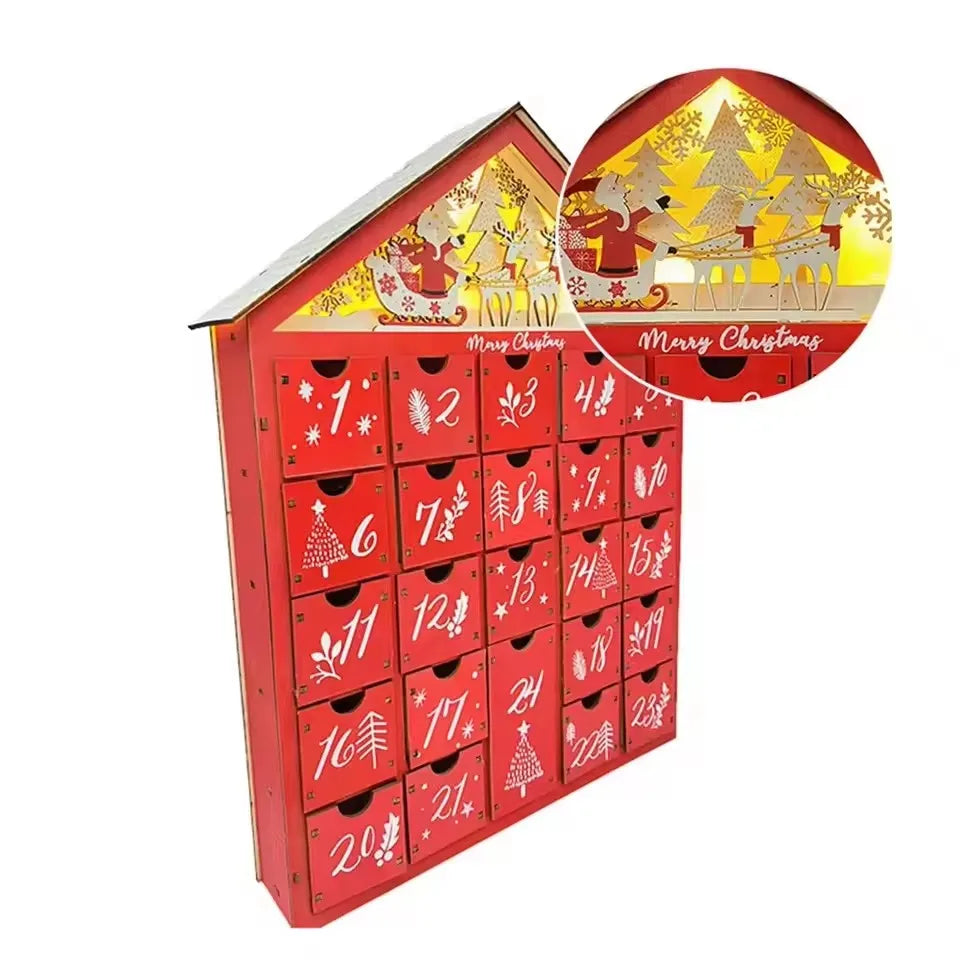 Wooden Advent Calendar with 24 Storage Drawers – DIY Refillable Light-Up Christmas Countdown, 30 x 6.3 x 39 cm