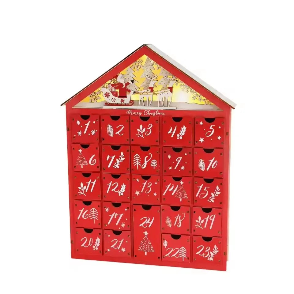 Wooden Advent Calendar with 24 Storage Drawers – DIY Refillable Light-Up Christmas Countdown, 30 x 6.3 x 39 cm