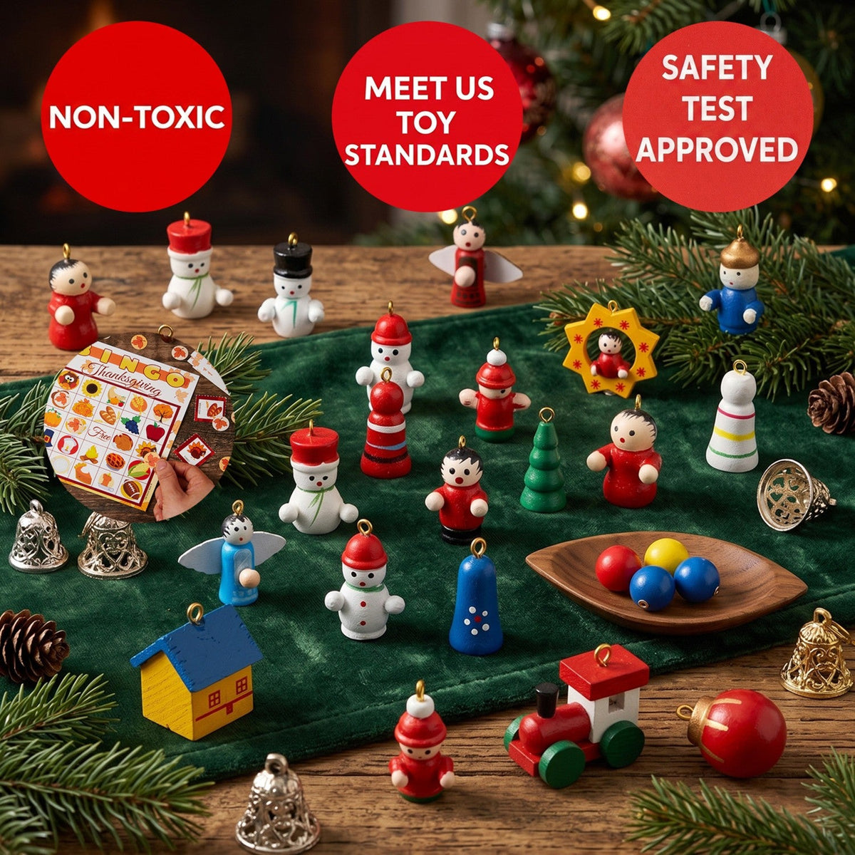 Wooden Tabletop Christmas Tree Advent Calendar with 24 Mini Ornaments for Kids